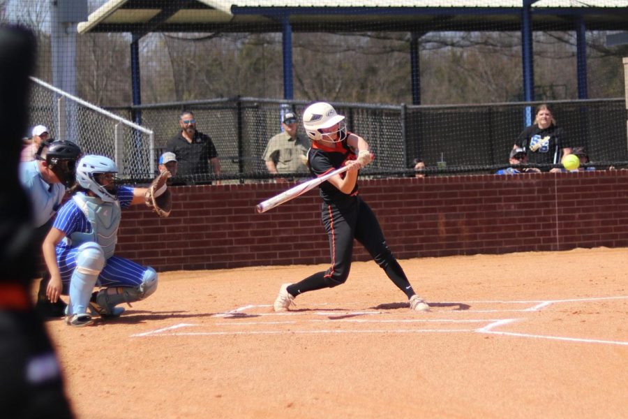 Sophomore Mollie Fisher battles Sulphur Springs pitcher Crimson Bryant in the first inning of the game on March 17, 2022.  Fishers at-bat lasted nine pitches with an eventual strikeout.