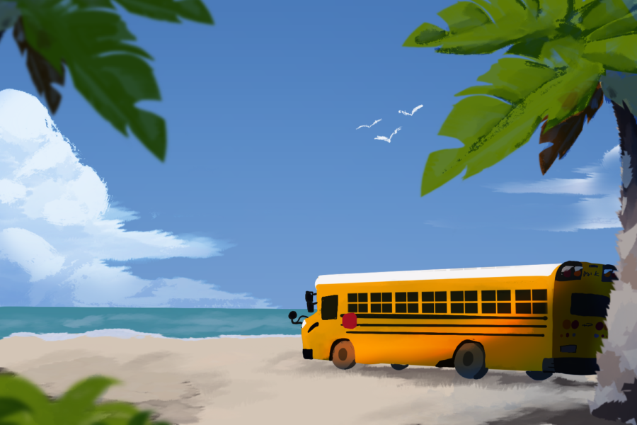 A+school+bus+parks+at+a+typical+summer+destination.