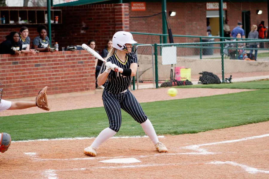 Mt. Pleasant sophomore Morgan Hill takes a pitch in her at bat in the first inning of the Tiger vs. Tiger match up Mar 29, 2022 in Texarkana. Mt. Pleasant defeated the Tigers 9-3. 