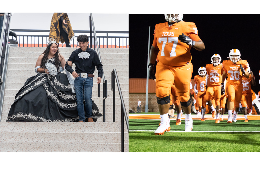 Students+strut+along+the+STEM+building+in+their+cultures+club+and+storm+the+field+for+the+2018+Texas+vs.+Arkansas+game.
