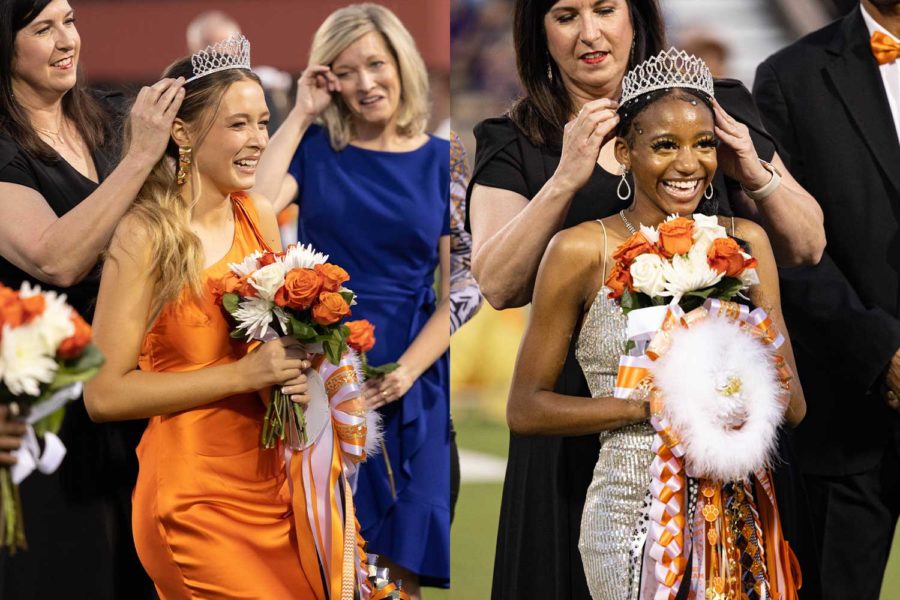 Lizzie+Debenport+and+Mackenzie+Loudermilk+receive+their+crows+at+the+ceremony+on+Sept.+23%2C+2022+at+Tiger+Stadium.+Debenport+and+Loudermilked+tied+in+the+voting+for+homecoming+queen.