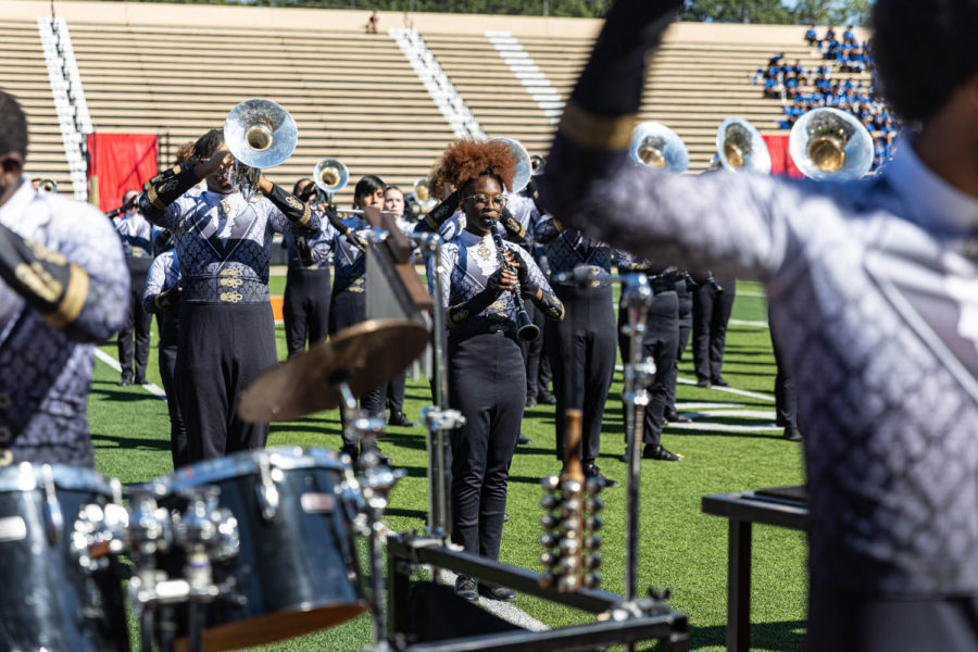 Cashay Austin plays clarinet at the Four States Marching contest on Oct. 1, 2022. The Tiger Marching Band hosted the event at Tiger Stadium.