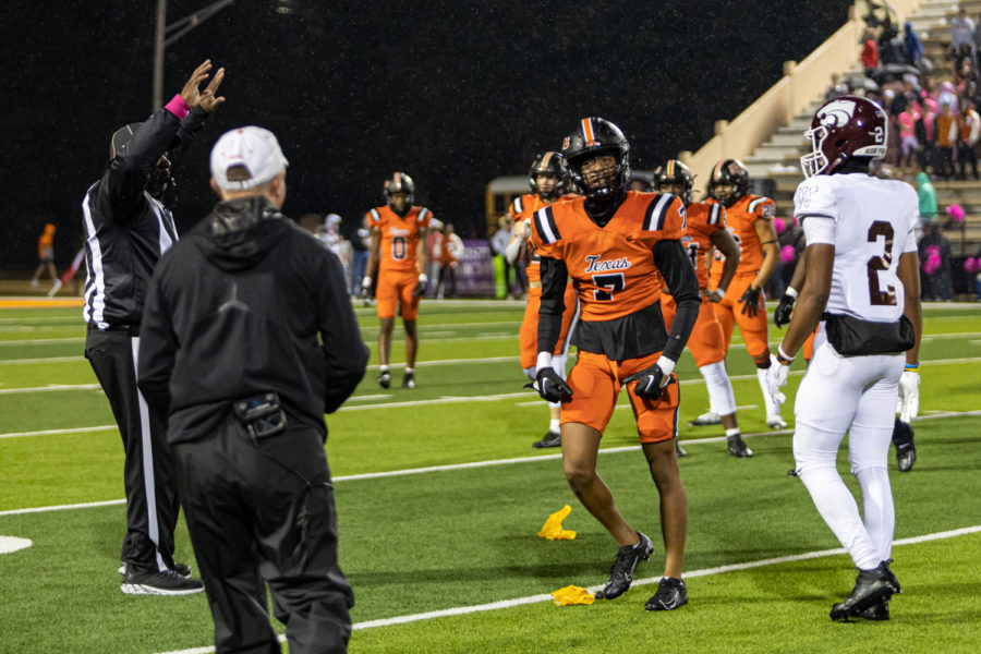 Defensive Back Joshua Stewart yells after receiving a yellow flag from a referee during the Texas versus Whitehouse district finale. The Tigers were defeated by the Wildcats 32-27, losing the competition for the district championship.