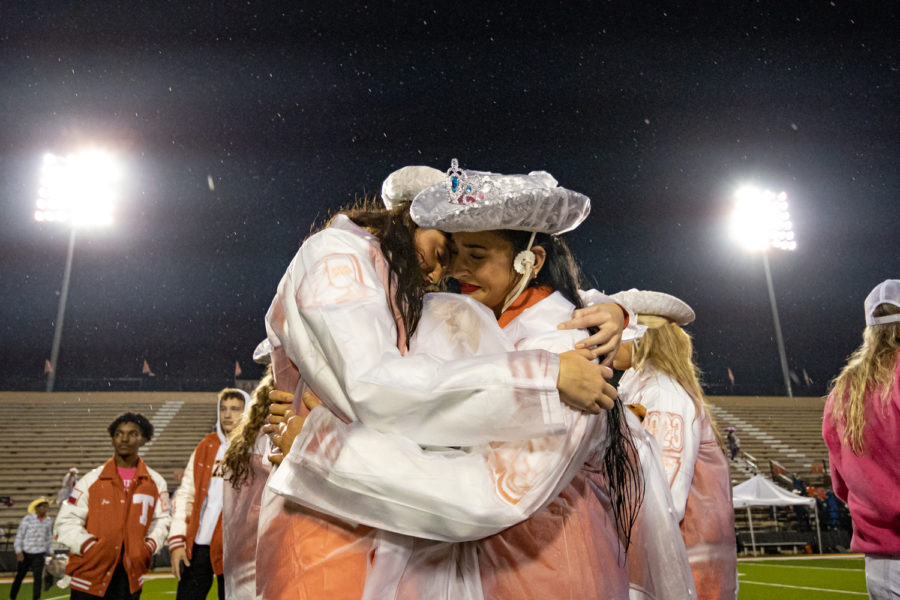 Seniors Reese Langdon and Emma Giddings hug and cry after losing the Texas versus Whitehouse district game. The Tigers were defeated 32-27, losing the competition for district champs.