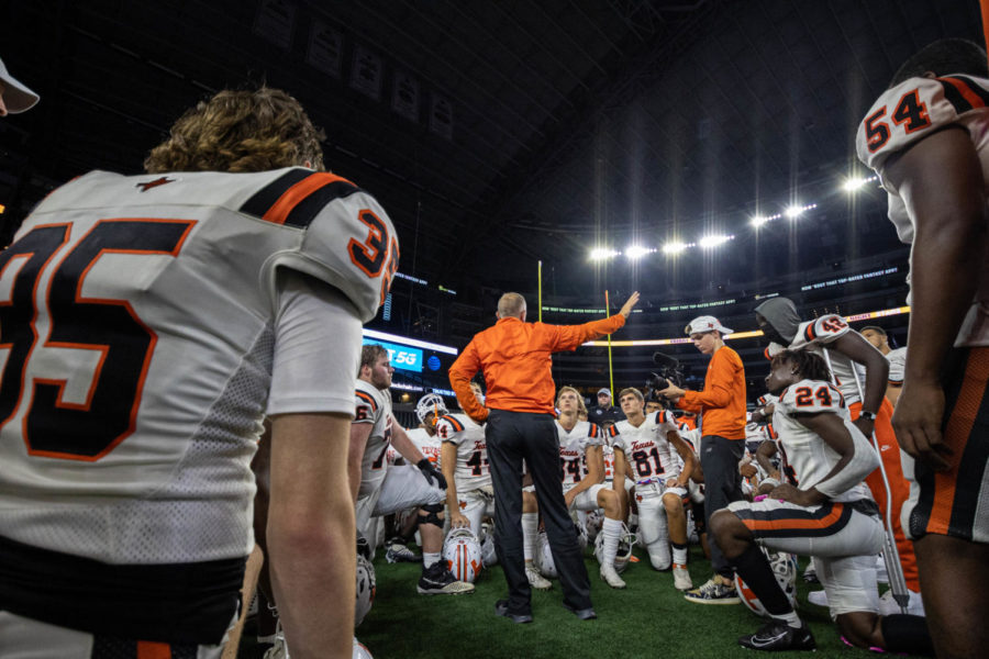 Senior Jackson Haltom shoots video of the Texas High football team at AT&T Stadium after the game with Frisco Lone Star High School to kick off the Tigers 2022 football campaign. Haltom serves as a visual journalist for Texas High Schools student newspaper.