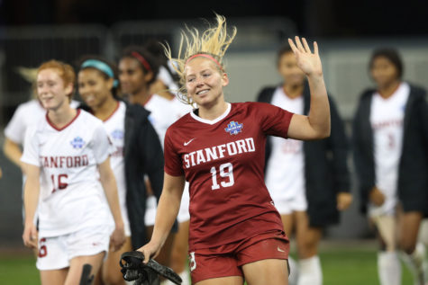 Stanford goalkeeper Katie Meyer (19) acknowledges the crowd after a 4-1 win against UCLA in a semifinal of the NCAA Womens Soccer College Cup at Avaya Stadium on Dec. 6, 2019, in San Jose, California. (Ray Chavez/Bay Area News Group/TNS)