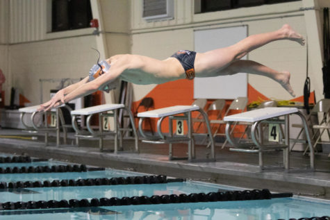 Junior Eli Likins dives into pool to start his race. The Tigersharks competed in their fifth meet Tuesday, Dec. 13, 2022.