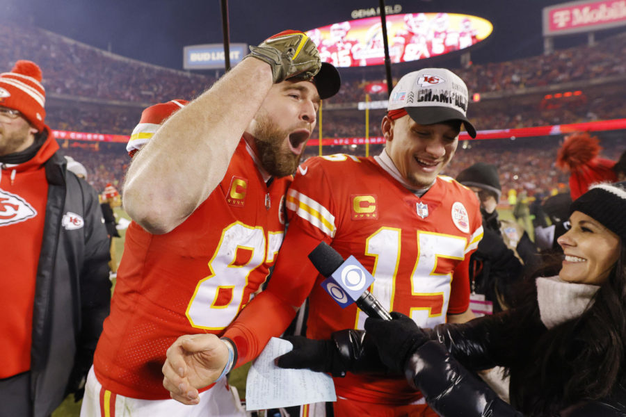Travis Kelce (87) and Patrick Mahomes (15) of the Kansas City Chiefs celebrate after defeating the Cincinnati Bengals 23-20 in the AFC Championship game at GEHA Field at Arrowhead Stadium on Sunday, Jan. 29, 2023, in Kansas City, Missouri. (David Eulitt/Getty Images/TNS)
