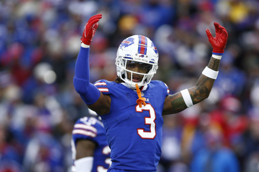 Damar Hamlin of the Buffalo Bills gestures towards the crowd during the third quarter against the Minnesota Vikings at Highmark Stadium on Nov. 13, 2022, in Orchard Park, New York. (Isaiah Vazquez/Getty Images/TNS)
