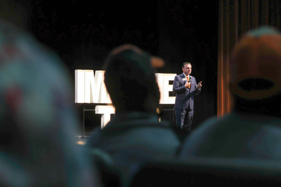 Superintendent Dr. Doug Brubaker delivers a speech to all teachers during the 2022 Convocation at the beginning of the school year. 