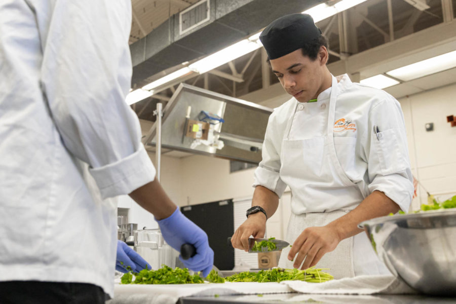 Junior Landon Smith cuts greens. Culinary doesnt only teach students to cook, but also teaches them valuable techniques and skills to be used in the kitchen.