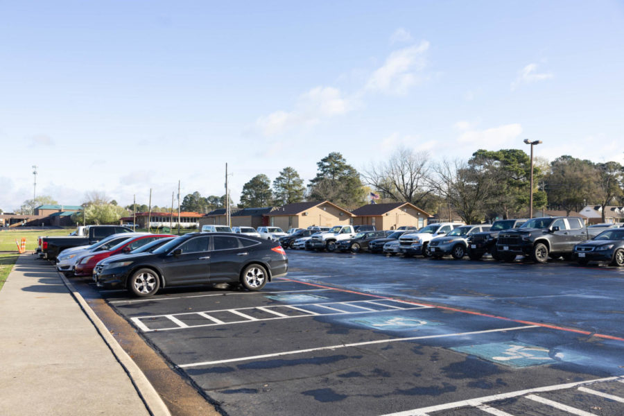 Handicapped parking spots sit empty in the Texas High main student parking lot. The TISD Police Department has begun administering parking tickets with a $600 fine as Tuesday, Feb. 28, 2023.