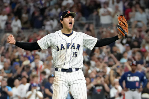 Shohei Ohtani of Team Japan reacts after the final out of the World Baseball Classic Championship defeating Team USA, 3-2, at loanDepot park on Tuesday, March 21, 2023, in Miami. (Eric Espada/Getty Images/TNS)