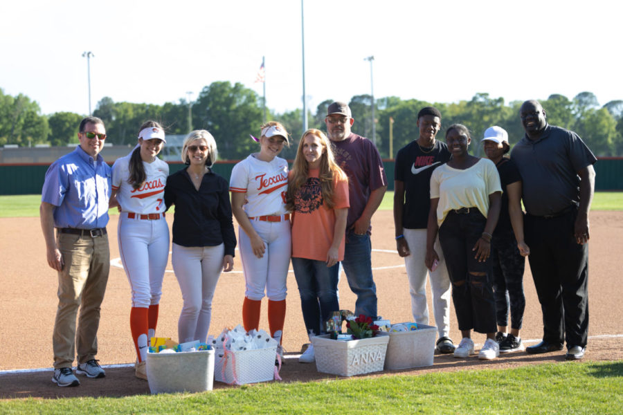 The Lady Tigers senior line up along the first baseline chalk on senior night against the Whitehouse Lady Wildcats Tuesday, April 18, 2023. From left to right, third baseman Emma Prince, first baseman Anna Shults and manager Kiara Martin. The Lady Tigers fell to the Wildcats 6-9.