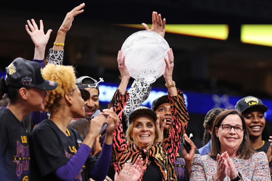 Head+coach+Kim+Mulkey+of+the+LSU+Lady+Tigers+poses+after+defeating+the+Iowa+Hawkeyes+102-85+during+the+2023+NCAA+Womens+Basketball+Tournament+championship+game+at+American+Airlines+Center+on+April+02%2C+2023%2C+in+Dallas%2C+Texas.+%28Maddie+Meyer%2FGetty+Images%2FTNS%29