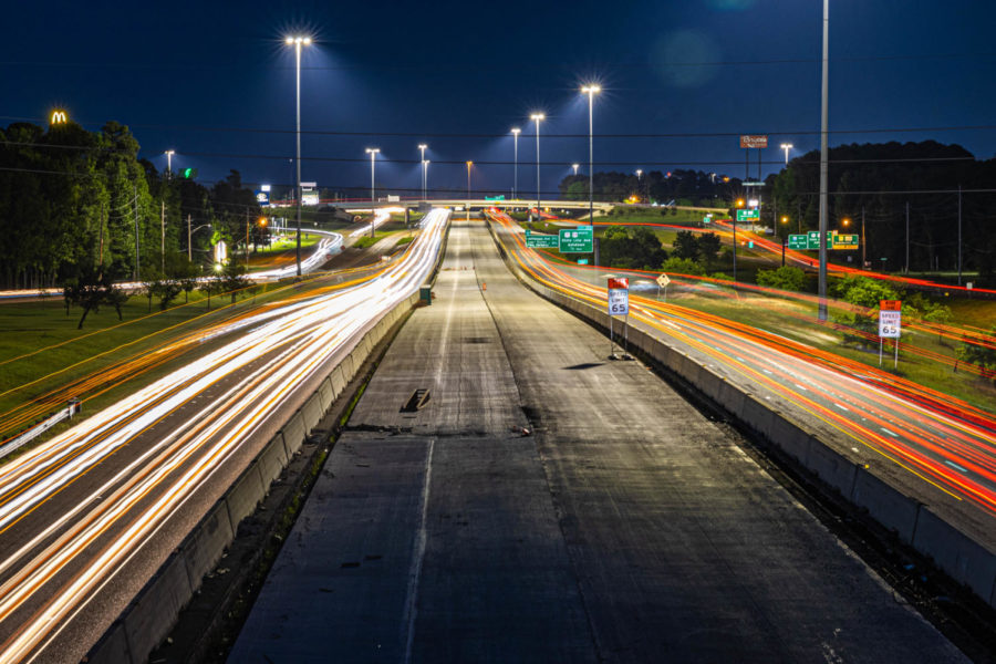 Cars pass through Texarkana on I-30 at night. Construction on I-30 began in August of 2020 and is making slow progress.