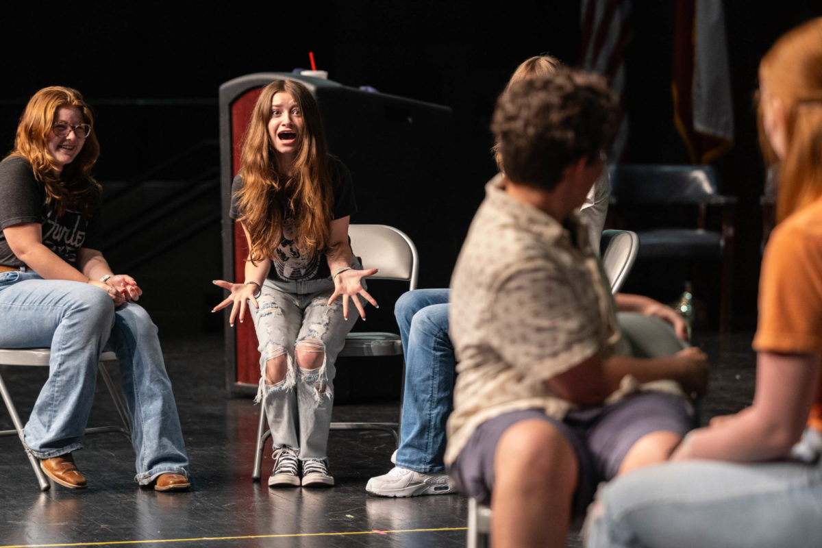 Senior Riley White performs a skit at the annual Howdy Camp hosted by the Tiger Theater Company on Aug. 18, 2023. Theater showcases their program to new members giving them an opportunity to get to know each other before the season starts. 