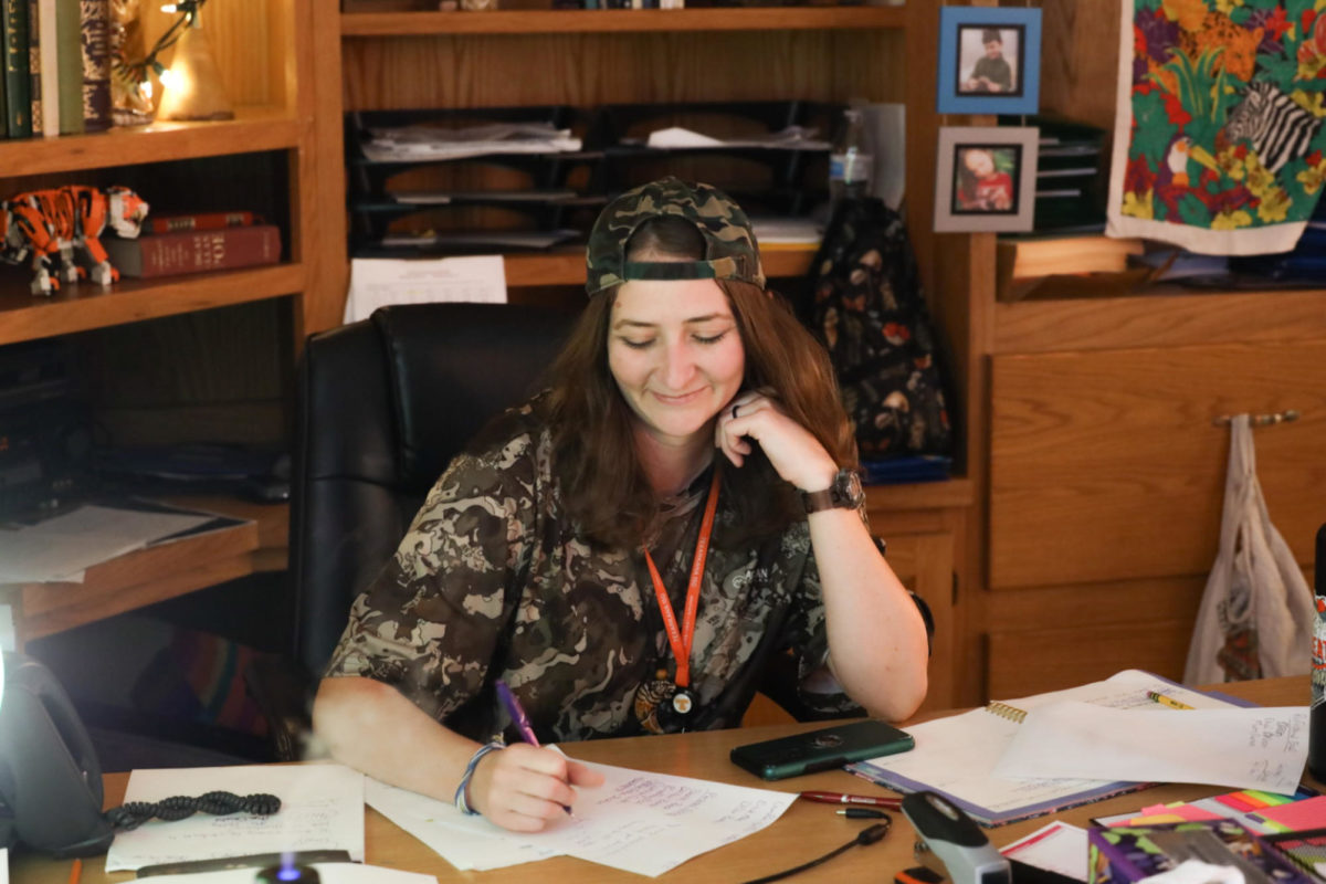 English teacher Grace Olvera sits at her desk on Sep. 21, 2023. This year is Olveras first year teaching at Texas High. 