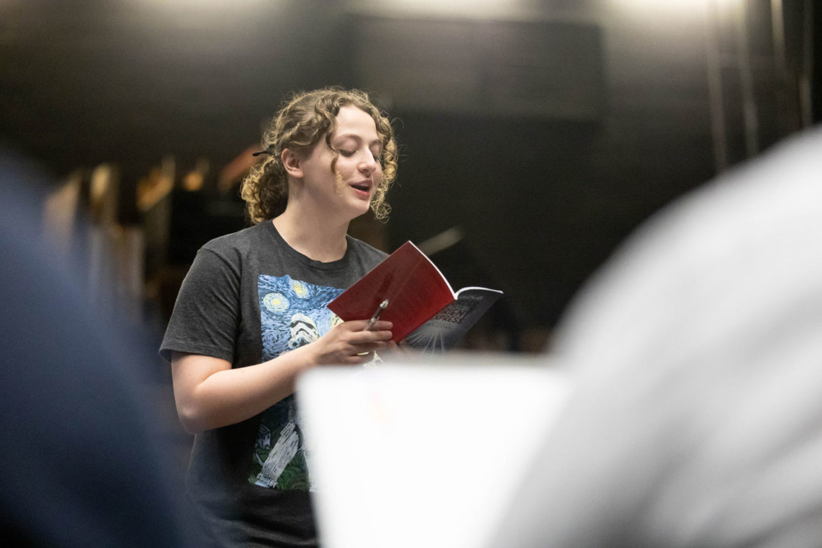  Junior Lilian Nielsen recites her lines during theater rehearsal on Aug. 29, 2023. The Tiger Theatre company will perform Murder on the Orient Express on Oct. 5-8.