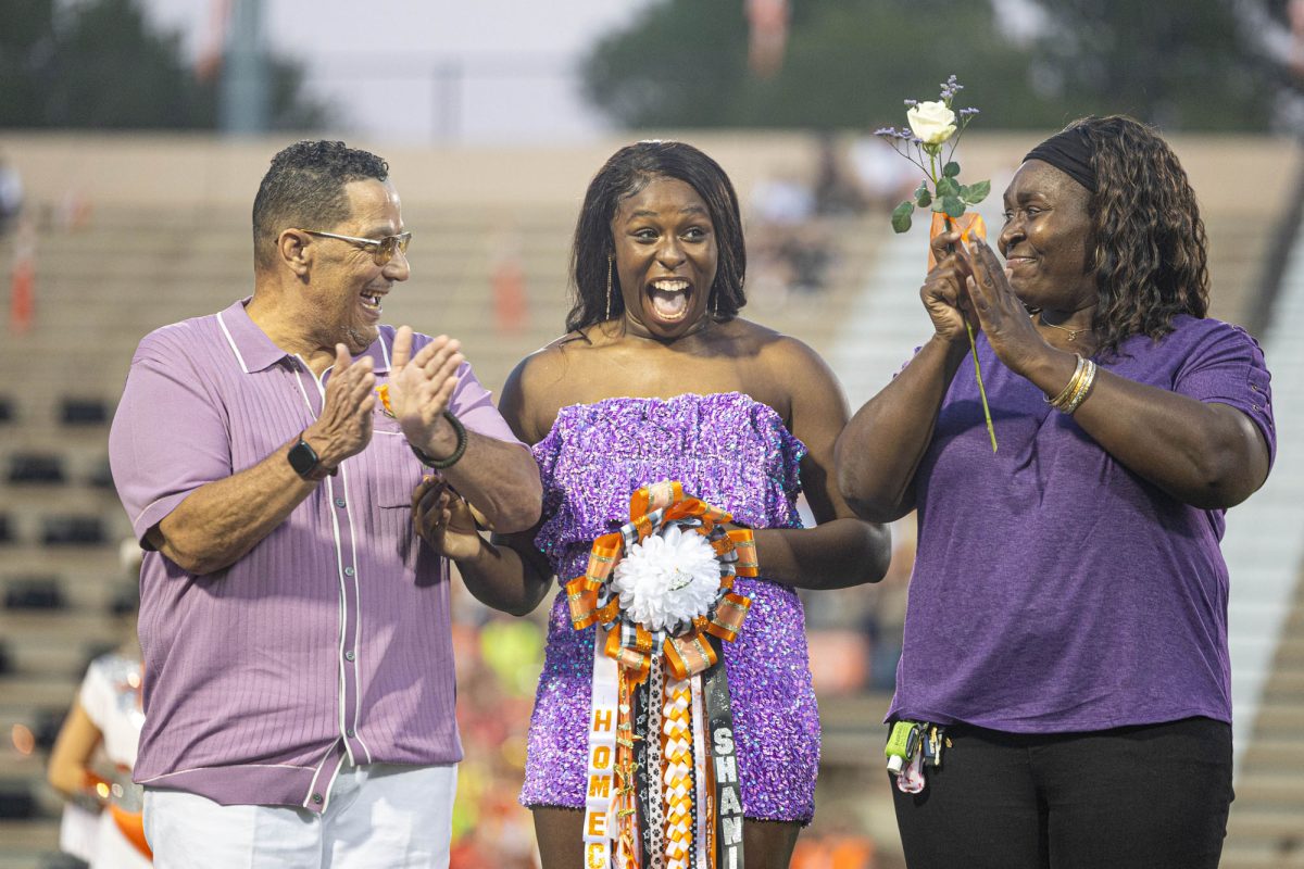 Senior Shaniah Richardson screams in excitement as she is announced as the Texas High Maid of Honor Friday, Sept. 29, 2023. The Maid of Honor is the runner-up to the Homecoming Queen. 