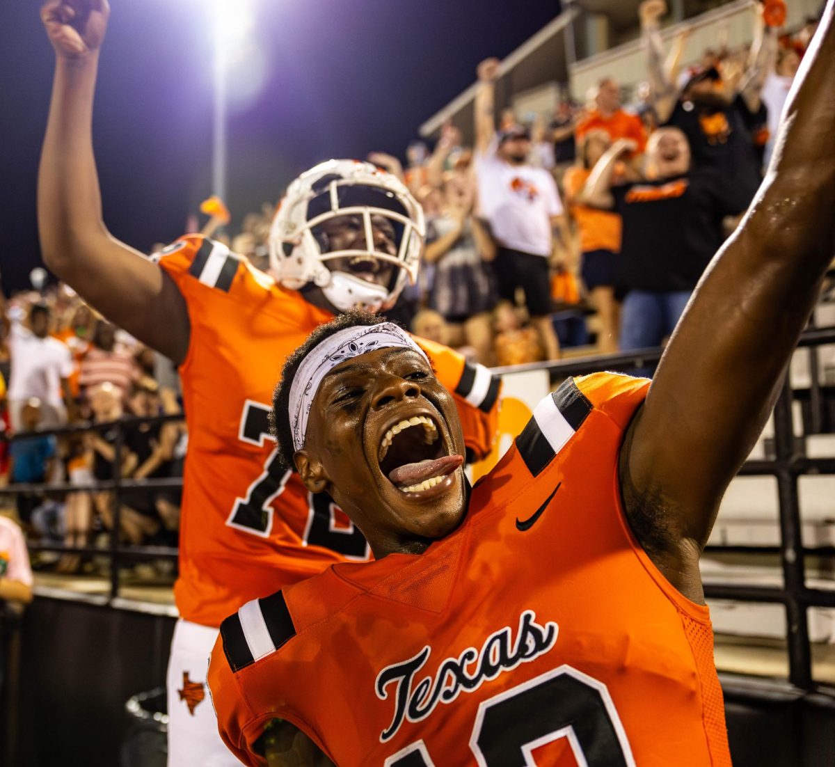 Senior receiver Brandon Hall poses for a picture in excitement as the home opener came to a close Friday, Aug. 24, 2023. The Tigers defeated the Rangers in a rematch with a nail biting final score of 41-37. 