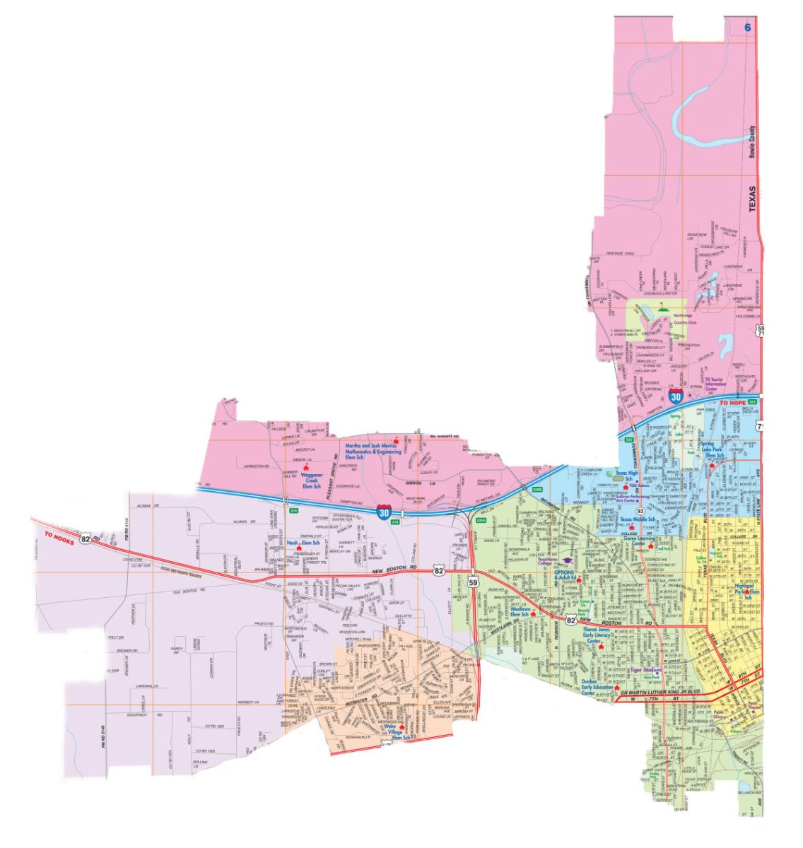 Figure B.
The TISD district spreads throughout the majority of Texarkana and occupies an area in all of TTPDs six beats. Other districts in Texarkana, Texas do not cover as much land.