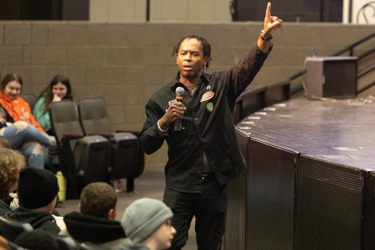 Dr. Adolph Brown, III address the freshman class of Texas High School in the Sullivan Performing Art Center auditorium on Feb. 15, 2024. Texarkana ISD partnered with Dr. Brown to help facilitate positive social and emotional outcomes for the students of the district.