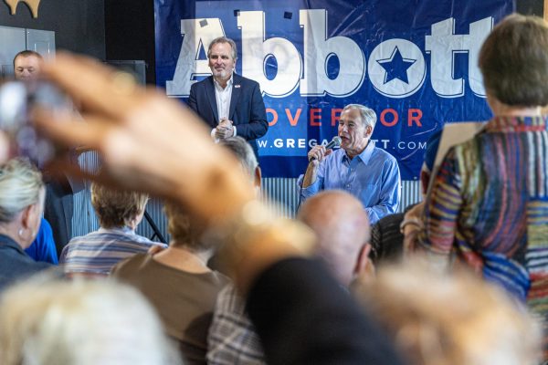 Texas Governor Greg Abbott delivers a speech at Big Jakes Barbecue in Texarkana, TX on Nov. 1, 2022. His campaign traveled through the state, stopping in Texarkana midway through. 