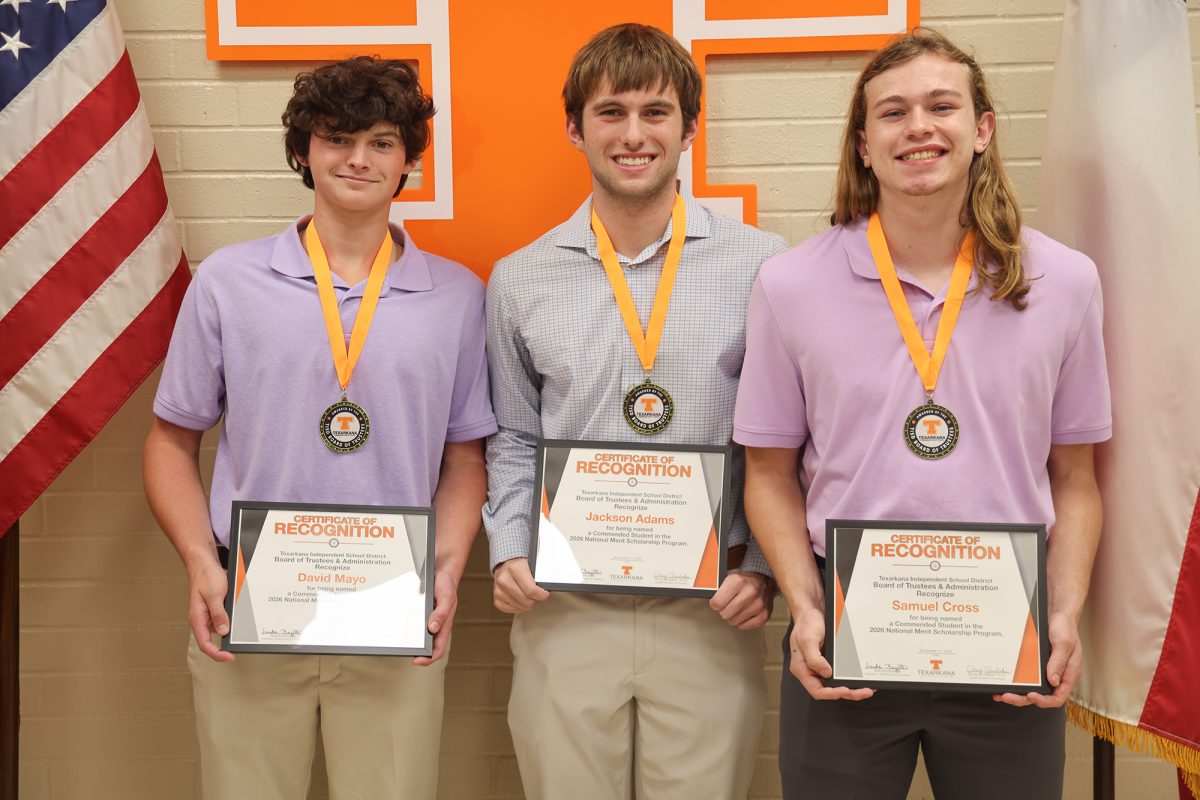 SUBMITTED PHOTO by Brittney Brookes
Seniors David Mayo, Jackson Adams and Sam Cross hold their certificates of achievement as National Merit Scholars. 