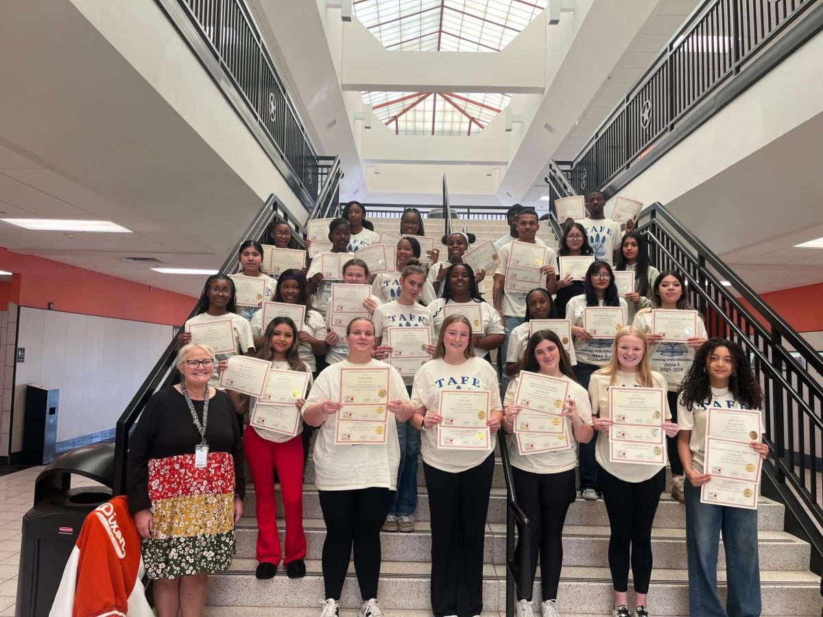 Following their successful trip to area, TAFE students smile with their certificates. The Texas Association of Future Educators club competed in its area competition on Nov. 14, 2025, at Stephen F. Austin University in Nacogdoches, TX. 