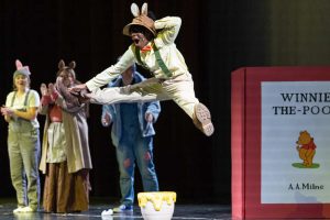 Junior Wisdom Robinson soars through the air while he portrays the role of Rabbit in Winnie the Pooh on Thurs. Jan. 22, 2026, at The Sullivan Performing Arts Center. Due to inclement weather conditions in the area, the Tiger Theatre Company decided to cancel their performances of Winnie the Pooh this weekend. 